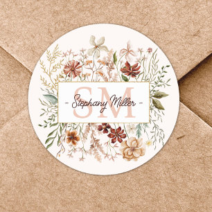 Elegant Monogram Watercolor Fall Wildflower Floral Classic Round Sticker