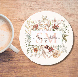 Elegant Monogram Watercolor Fall Wildflower Floral Coaster