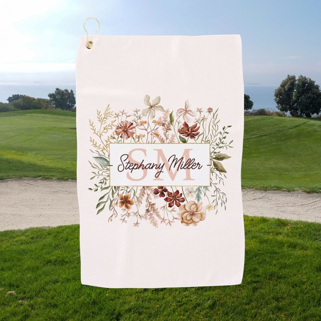 Elegant Monogram Watercolor Fall Wildflower Floral Golf Towel (In situ)