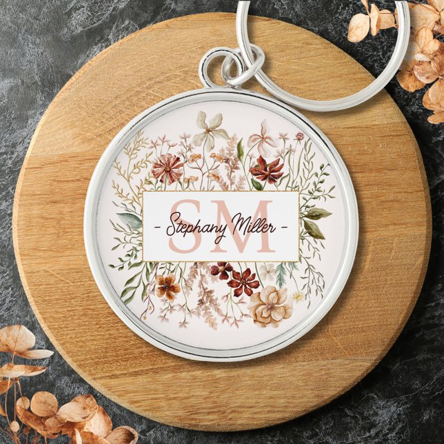 Elegant Monogram Watercolor Fall Wildflower Floral Key Ring (In situ)