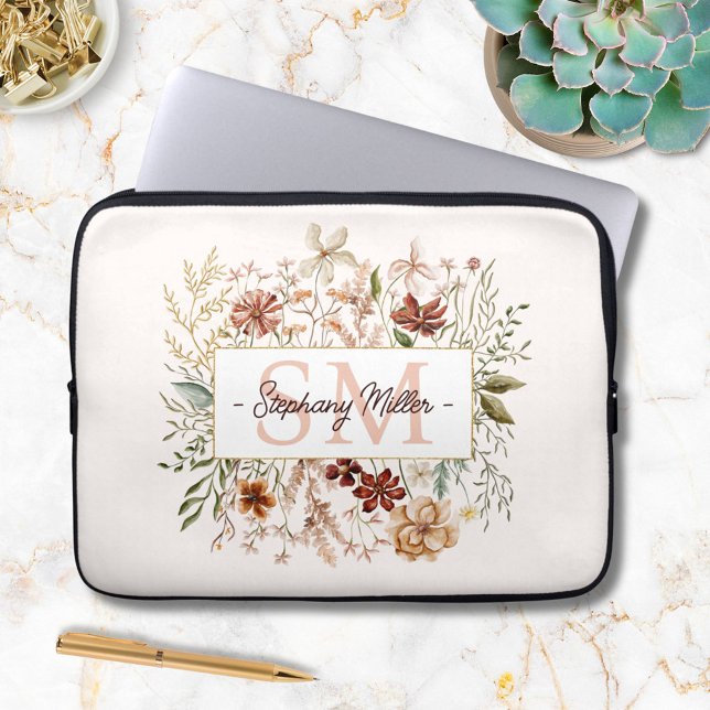 Elegant Monogram Watercolor Fall Wildflower Floral Laptop Sleeve (In situ)