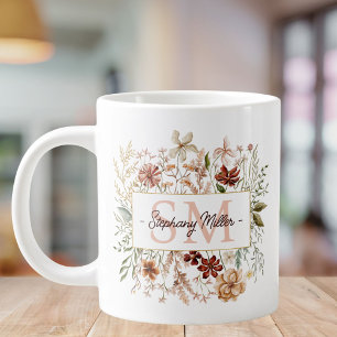 Elegant Monogram Watercolor Fall Wildflower Floral Large Coffee Mug