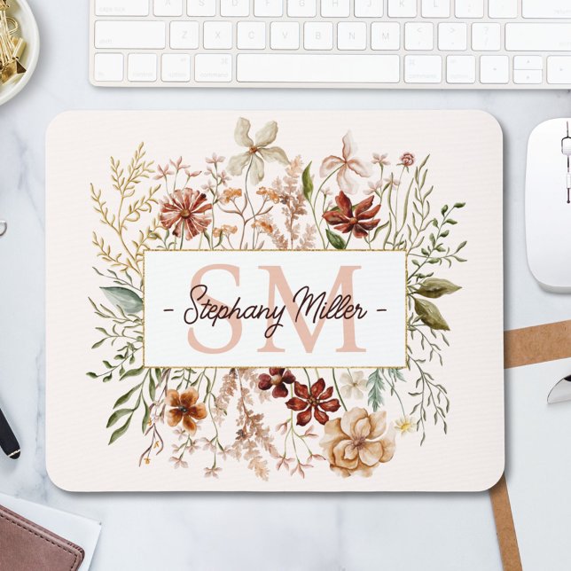 Elegant Monogram Watercolor Fall Wildflower Floral Mouse Mat (In situ)