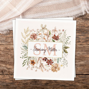 Elegant Monogram Watercolor Fall Wildflower Floral Napkin