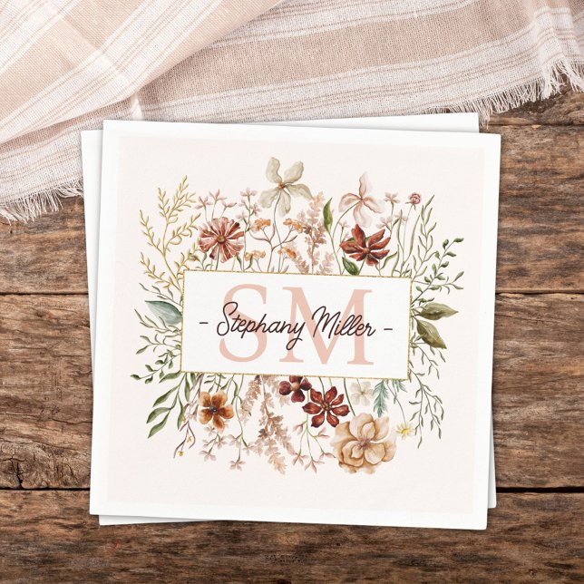 Elegant Monogram Watercolor Fall Wildflower Floral Napkin (In situ)