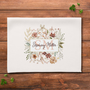 Elegant Monogram Watercolor Fall Wildflower Floral Tea Towel