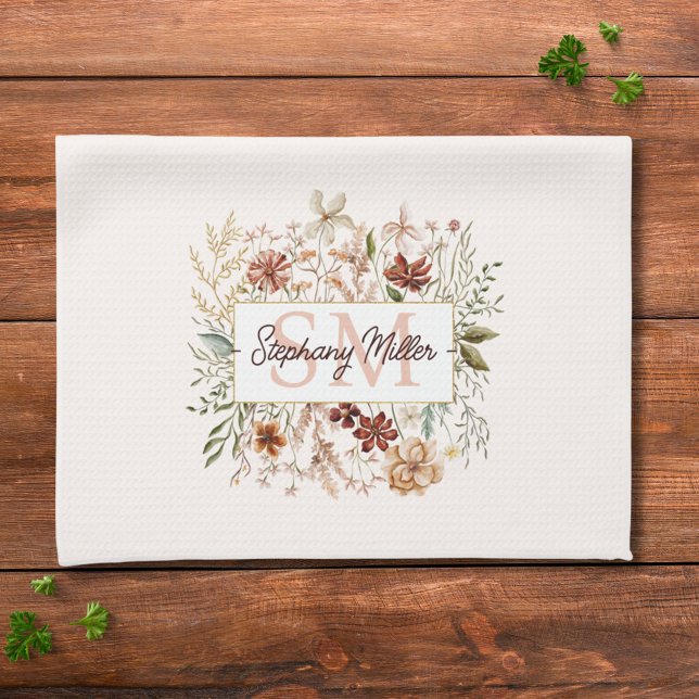 Elegant Monogram Watercolor Fall Wildflower Floral Tea Towel (In situ)
