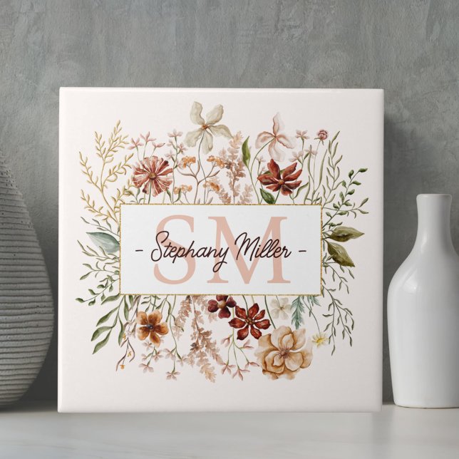 Elegant Monogram Watercolor Fall Wildflower Floral Tile (In situ)