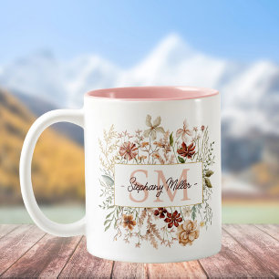 Elegant Monogram Watercolor Fall Wildflower Floral Two-Tone Coffee Mug