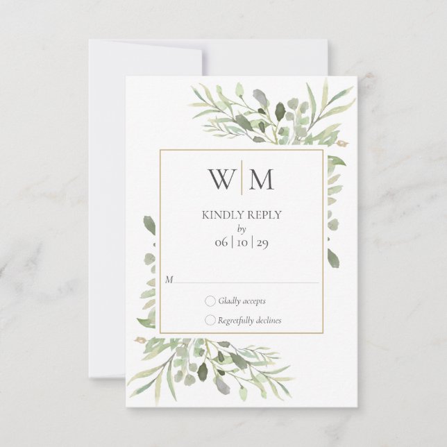 Elegant Monogram Watercolor Greenery Wedding RSVP Card (Front)