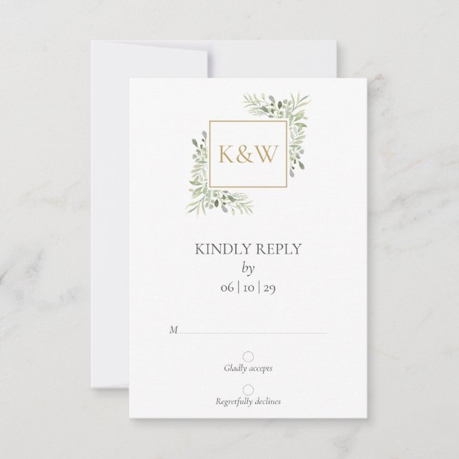 Elegant Monogram Watercolor Greenery Wedding RSVP Card (Front)