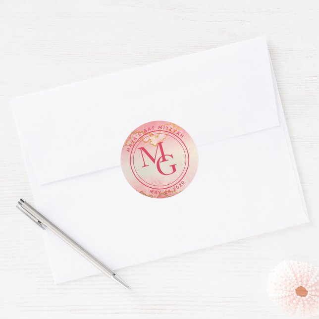 Elegant Monogram Watercolor Pink Red Ombre Classic Round Sticker (Envelope)