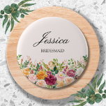 Elegant Monogram Watercolor Rose Flower Bridesmaid 6 Cm Round Badge<br><div class="desc">Introducing our Elegant Monogram Watercolor Rose Flower Bridesmaid button. Featuring floral watercolor illustration and elegant script text that can be personalised. It adds nature touch to your style. Suitable as a bridesmaid gift or a wadding favour.</div>
