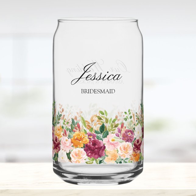 Elegant Monogram Watercolor Rose Flower Bridesmaid Can Glass (In situ)