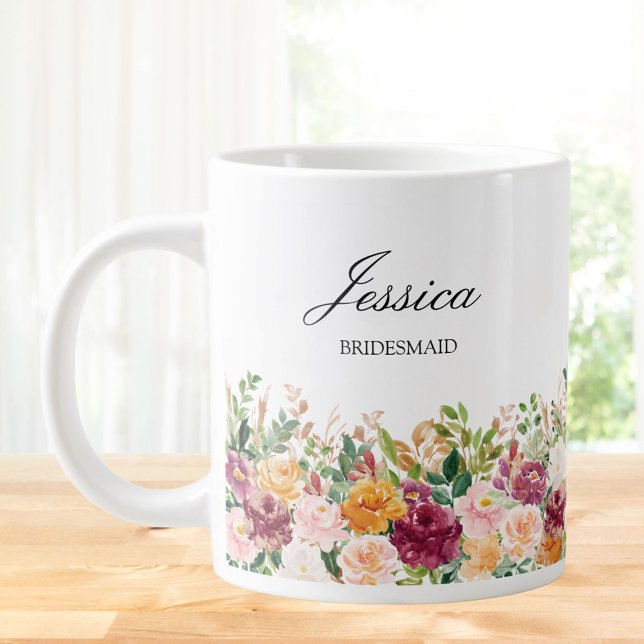 Elegant Monogram Watercolor Rose Flower Bridesmaid Large Coffee Mug (In situ)