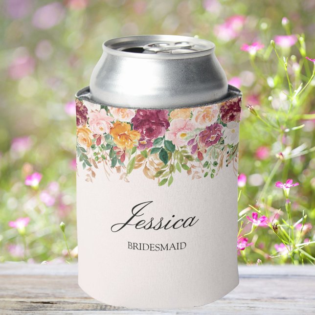 Elegant Monogram Watercolor Rose Garden Bridesmaid Can Cooler (In situ)