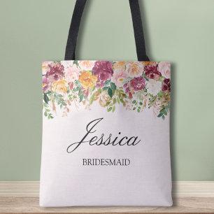 Elegant Monogram Watercolor Rose Garden Bridesmaid Tote Bag