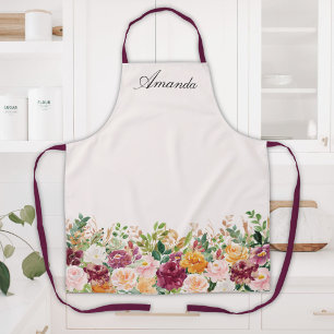 Elegant Monogram Watercolor Rose Garden Floral Apron