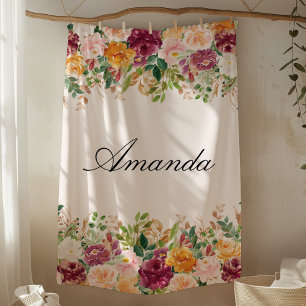 Elegant Monogram Watercolor Rose Garden Floral Fleece Blanket