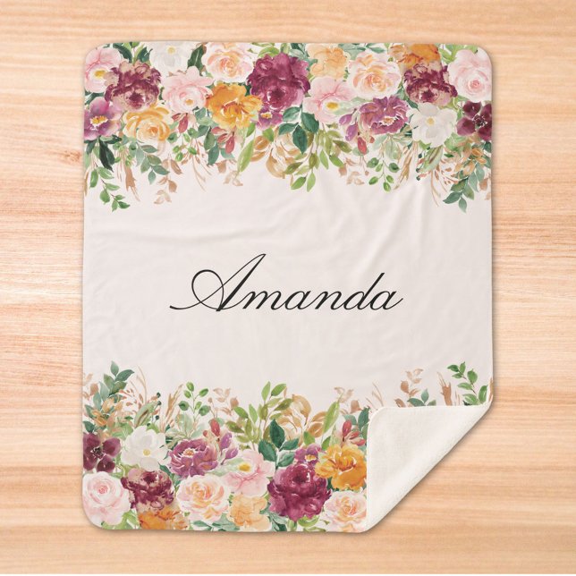 Elegant Monogram Watercolor Rose Garden Floral Sherpa Blanket (Close up)