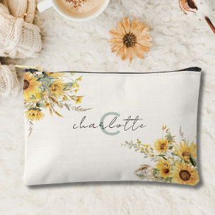 Elegant Monogram Watercolor Sunflower Bouquet Accessory Pouch