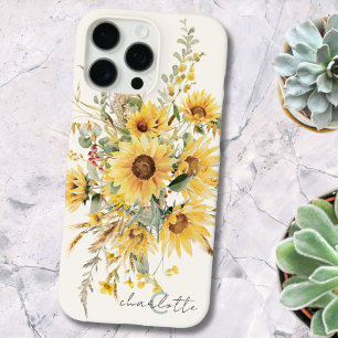 Elegant Monogram Watercolor Sunflower Bouquet iPhone 16 Pro Max Case
