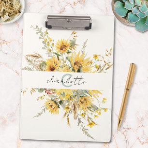 Elegant Monogram Watercolor Sunflower Bouquet Clipboard
