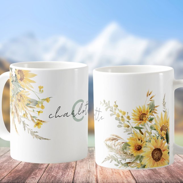 Elegant Monogram Watercolor Sunflower Bouquet Coffee Mug (In situ)