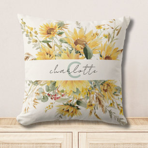 Elegant Monogram Watercolor Sunflower Bouquet Cushion