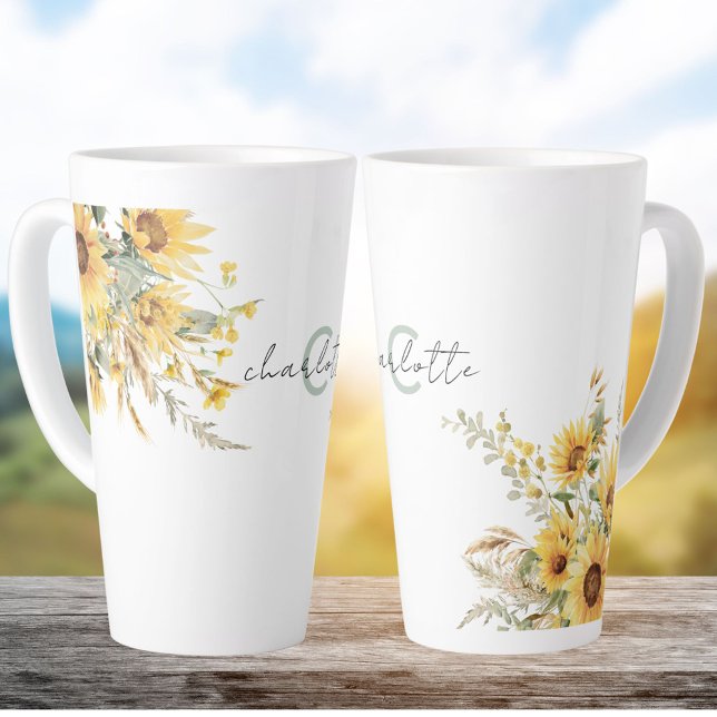 Elegant Monogram Watercolor Sunflower Bouquet Latte Mug (In situ)
