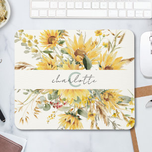 Elegant Monogram Watercolor Sunflower Bouquet Mouse Mat