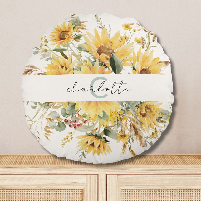 Elegant Monogram Watercolor Sunflower Bouquet Round Cushion (In situ)