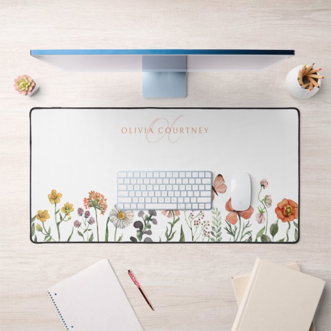 Elegant Monogram Watercolor Wildflower Floral Desk Mat (Office 1)