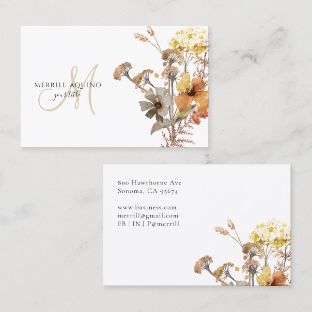 Elegant Monogram Watercolor Wildflowers Business Card (Front/Back)