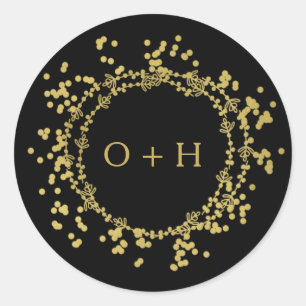 Elegant Monogram Wedding Black Gold Classic Round Sticker