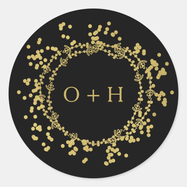 Elegant Monogram Wedding | Black Gold Classic Round Sticker (Front)