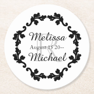 Elegant monogram wedding black white grey round paper coaster