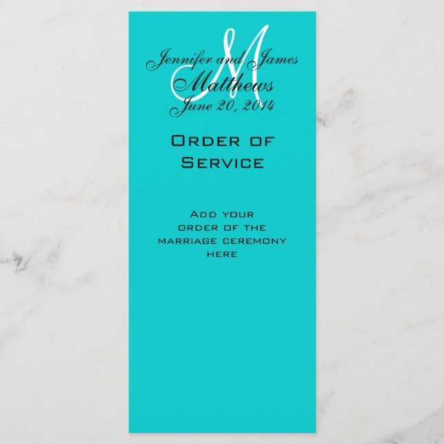 Elegant Monogram Wedding Church Programs Aqua Programme (Front)