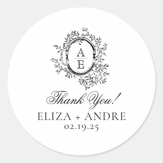 Elegant Monogram Wedding Classic Round Sticker (Front)