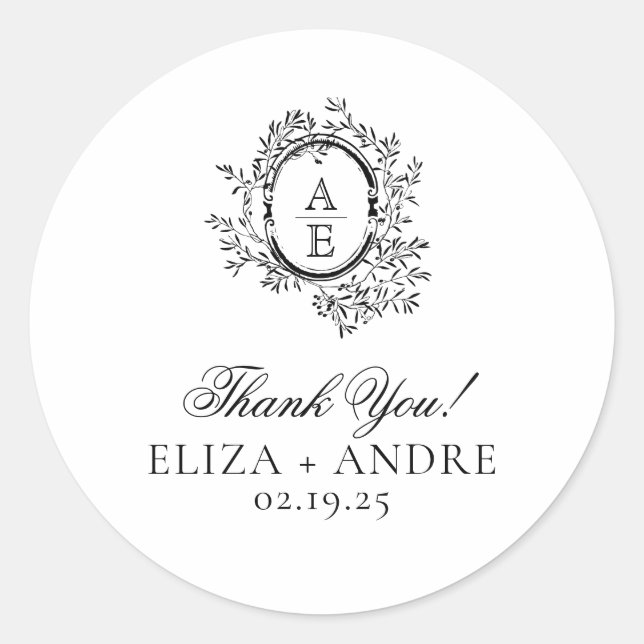Elegant Monogram Wedding Classic Round Sticker (Front)