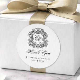 Elegant Monogram Wedding Crest Thank You Classic Round Sticker
