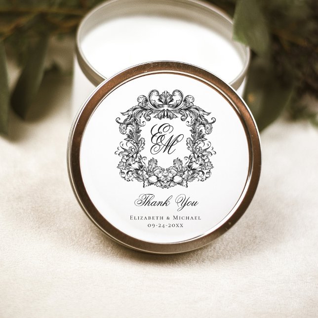 Elegant Monogram Wedding Crest Thank You Classic Round Sticker (Creator Uploaded)
