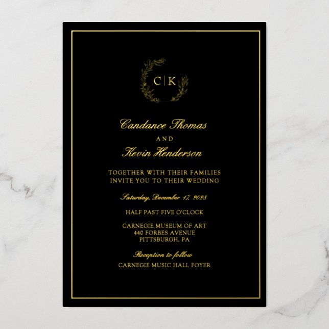 Elegant Monogram Wedding Foil Invitation (Front)