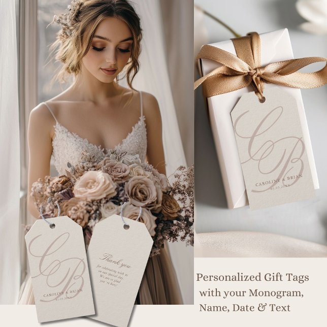 Elegant, Monogram, Wedding  Gift Tags (Elegant, Monogram, Wedding Gift Tags, Mocha Mousse, beige, Brown, elegant, modern)