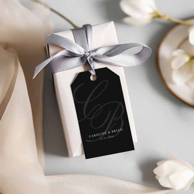 Elegant, Monogram, Wedding  Gift Tags (Elegant, Monogram, Wedding Black Gift Tags. With your names & date.)