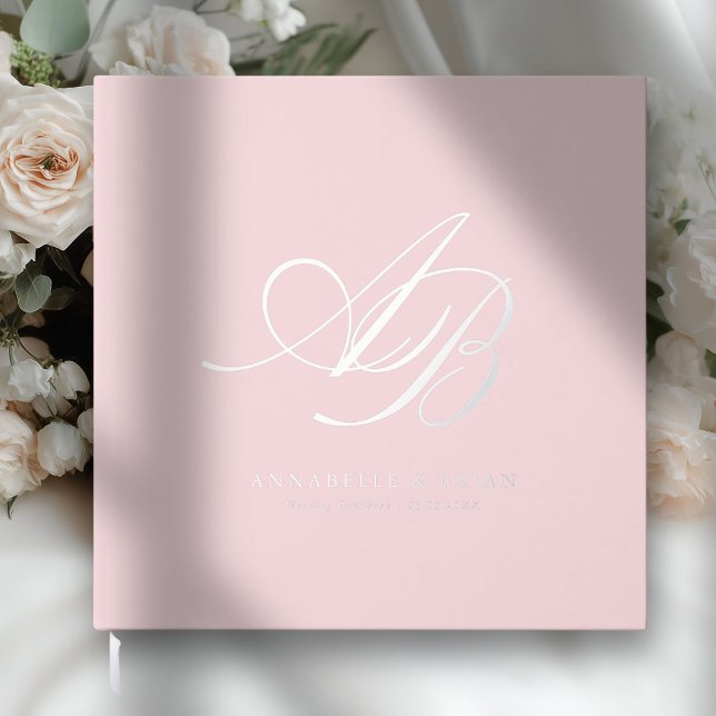 Elegant, Monogram, Wedding  Guest Book (Light Pink, Monogram, Scripted Font, Foil Wedding Guest Book. )