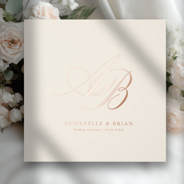 Elegant, Monogram, Wedding  Guest Book (Beige, Monogram, Scripted Font, Foil Wedding Guest Book. )