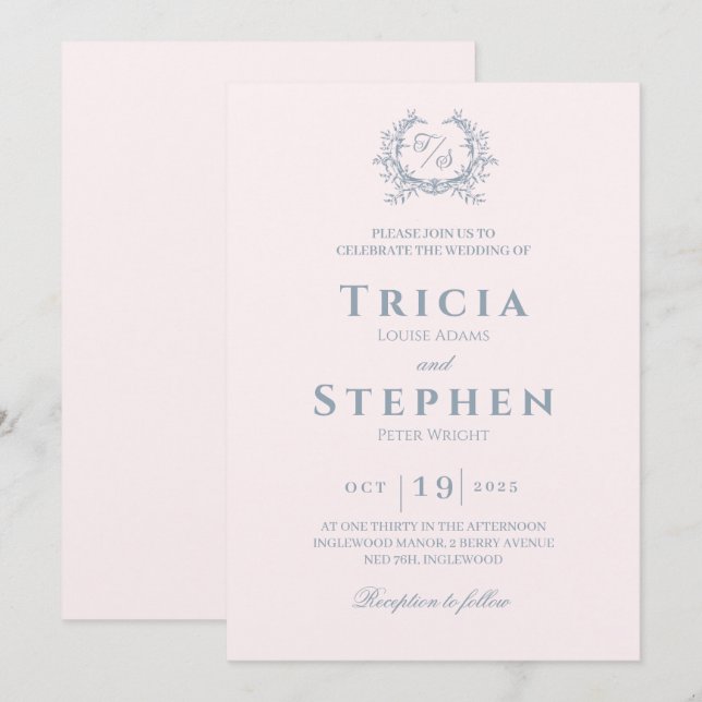 Elegant monogram wedding invitation blush pink (Front/Back)