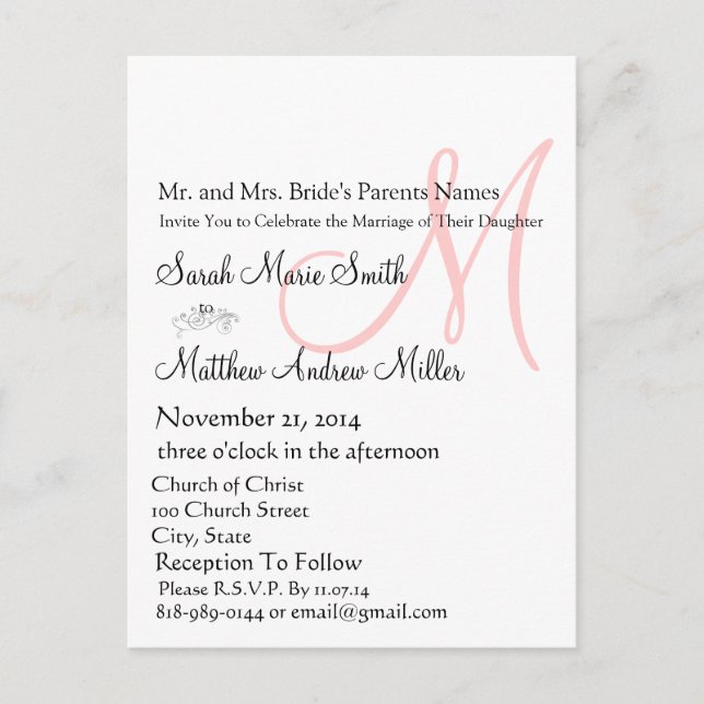 Elegant Monogram Wedding Invitation Postcard (Front)