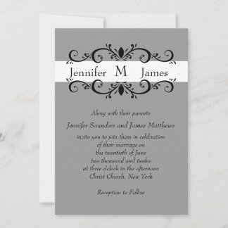 Elegant Monogram Wedding Invitation Scrolls Grey